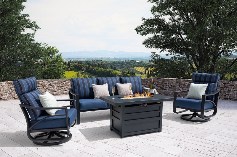 Jarvis provides endless comfort and enjoyment from the 6-inch thick cushions and the high back to support your neck precisely. This set is simple yet stunning. Matched with one firepit, you can bask in the warmth, even in the cold winter.