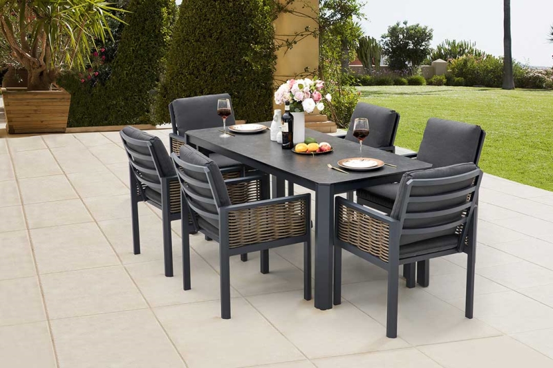 Our design of this dining table includes a solid tabletop on a stable structure that accommodates it, stylish wide special-shaped aluminum tubes and exquisite coarse round rattan, bringing more elegance. The unique design and details make a difference from others and lead you to enjoy better outdoor life.