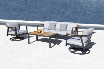 Nova 4-Piece Aluminum & Teak Sofa Set with Swivel Rocking Chairs