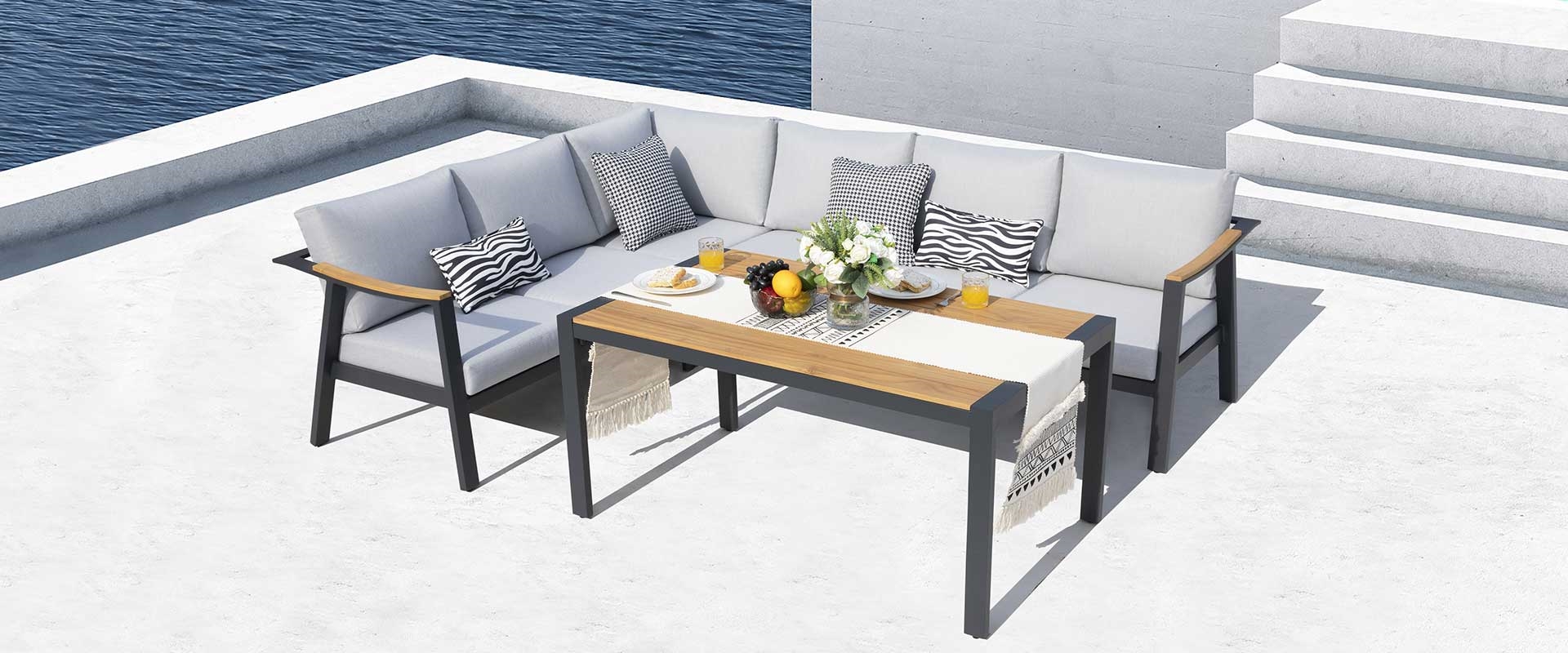 Nova 4-Piece Aluminum & Teak Sectional Sofa Set