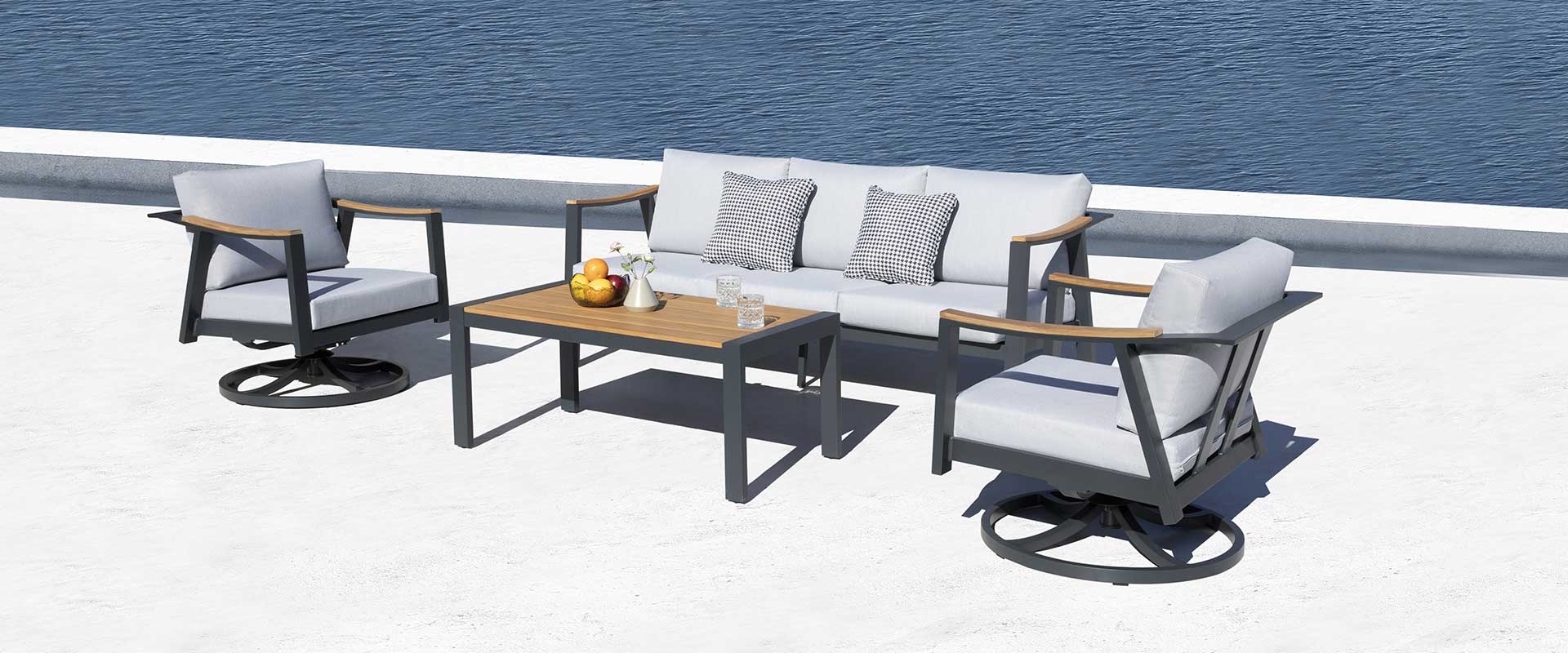 Nova 4-Piece Aluminum & Teak Sofa Set with Swivel Rocking Chairs