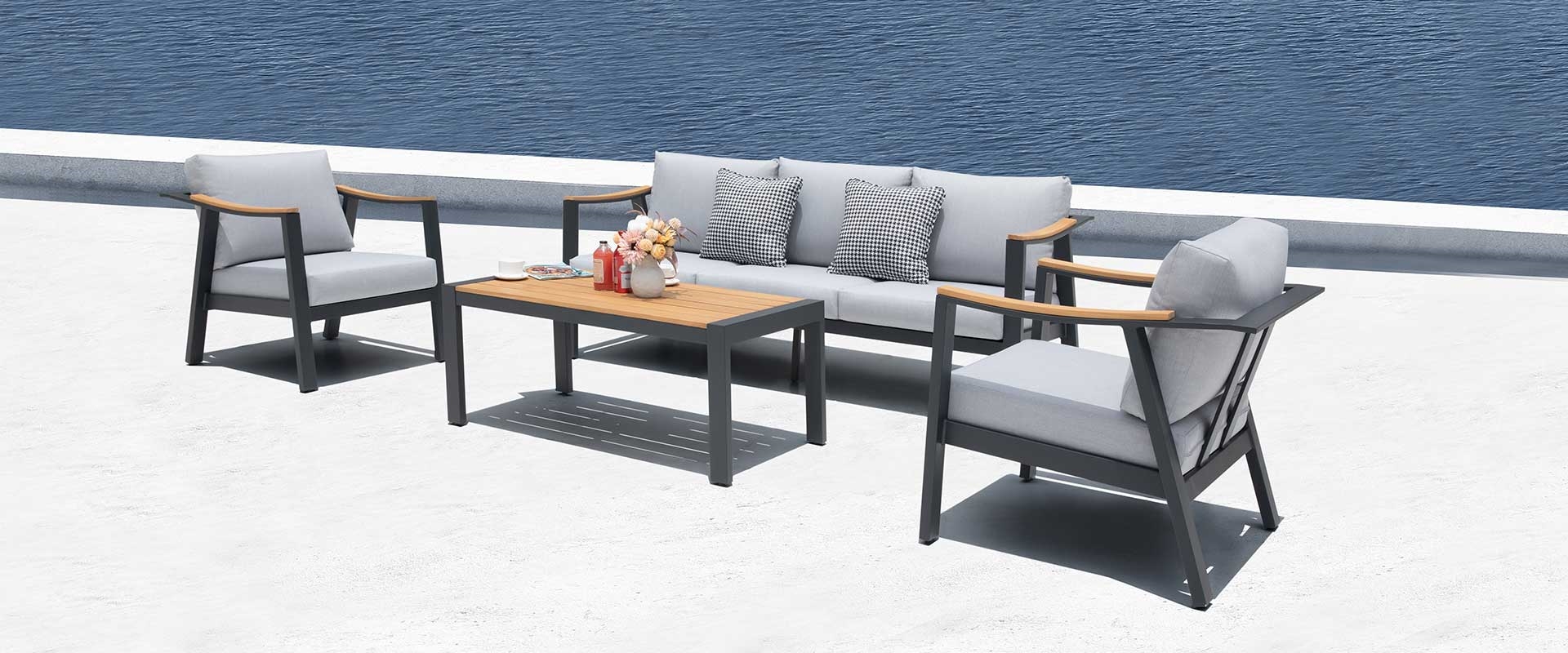 Nova 4-Piece Aluminum & Teak Sofa Set with Stationary Chairs