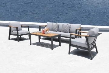 Nova 4-Piece Aluminum & Teak Sofa Set with Stationary Chairs