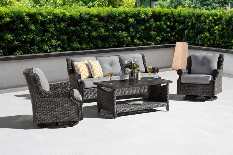 The high-end aluminum, deep seat cushions and soft cushioned back provide people a deep sense of classic. A most pleasant chat over tea around the coffee table will ease your fatigue. In addition, this on-trend set will add a touch of modern living to your garden space.