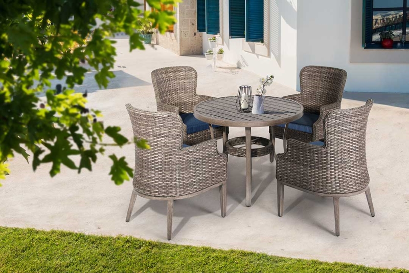 Tenaya Dining Set creates a comfortable environment for your visitors and family at any time. This dining set includes four chairs, where you can read newspapers, drink lattes and enjoy delicious dinner.