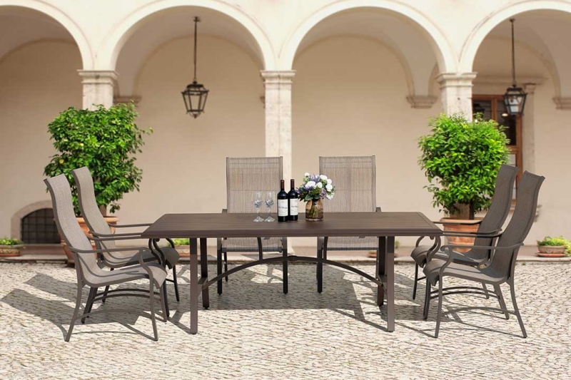 Whatever the season or time of day, the Trevi set creates a circle of comfort for your visitors and family. This outdoor furniture set includes 6 sling outdoor dinig chairs, you can sit on read newspapers, drink lattes and eat sweet treats. The aluminum material is durable. If you're looking for a collection of outdoor dinning set that will look chic for years to come while you eat, game or sunbathe, Trevi is certain to exceed your expectations.